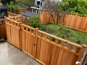 Wooden fence with a decorative top section, showcasing a clean, simple design, accompanied by a matching gate, with natural greenery at the base.