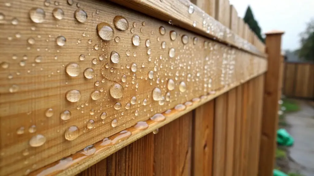 Close-up of water droplets on a Seattle cedar fence sealed with waterproof coat, illustrating Seattle fence maintenance.
