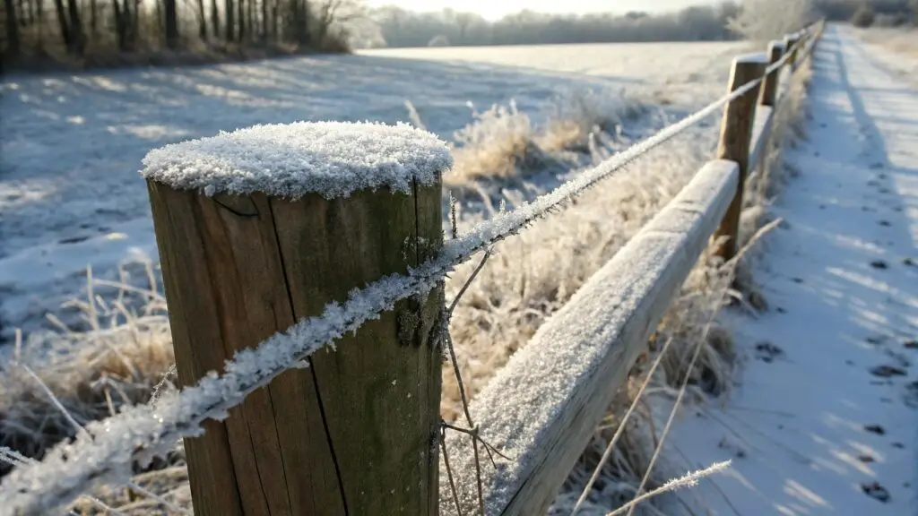 Frost-covered cedar fence post in a frozen Seattle backyard, illustrating winter protection for Seattle fence maintenance.