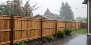Weatherproof cedar fence in a Seattle backyard with light drizzle and gray sky, illustrating Seattle fence maintenance.