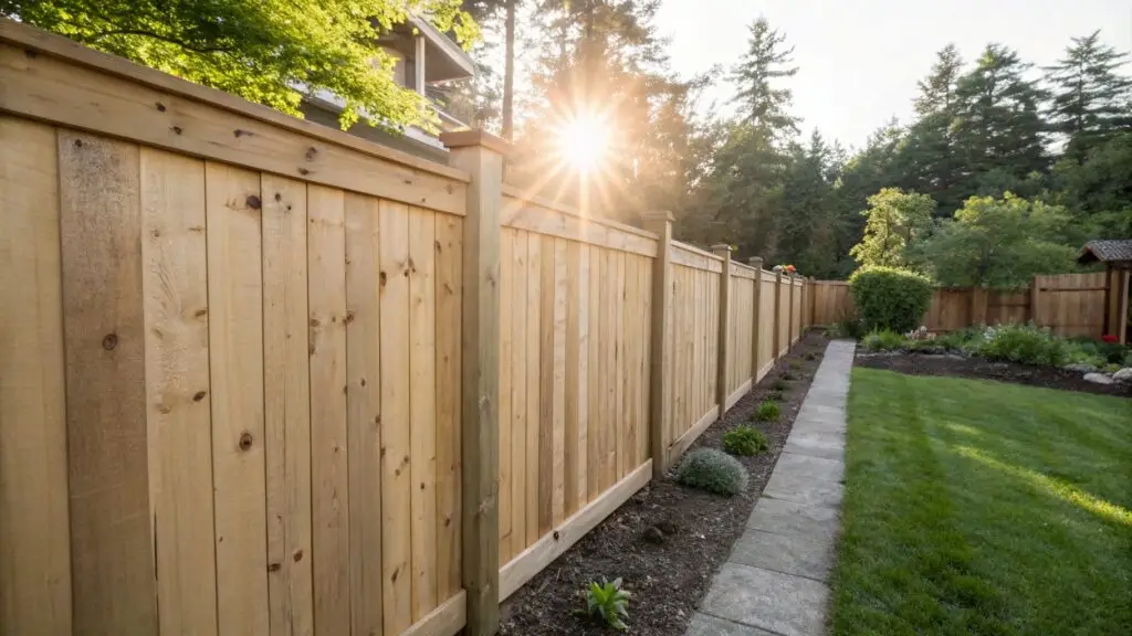 Faded section of a cedar fence under bright sunlight in a Seattle backyard, illustrating sun protection in fence maintenance.