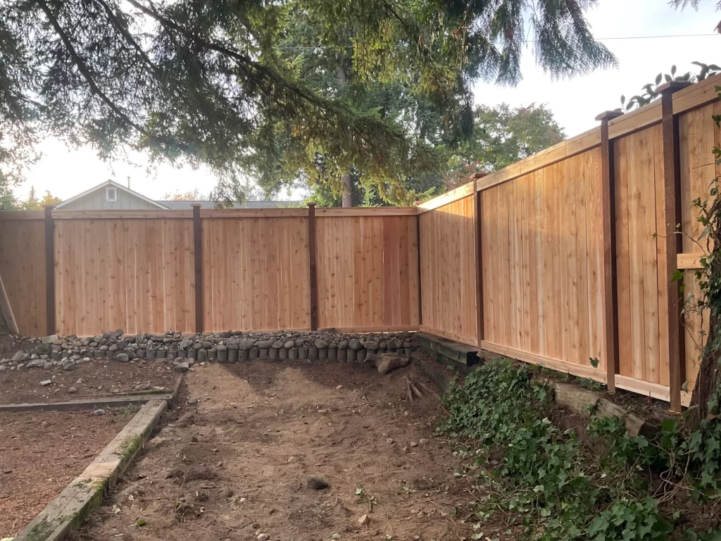 A corner section of a cedar fence installed in a Seattle backyard, demonstrating the durability and natural beauty of cedar fences.