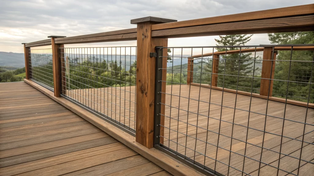 A close-up of an elevated deck with a wooden frame and hog wire deck railing, showcasing an expansive view.