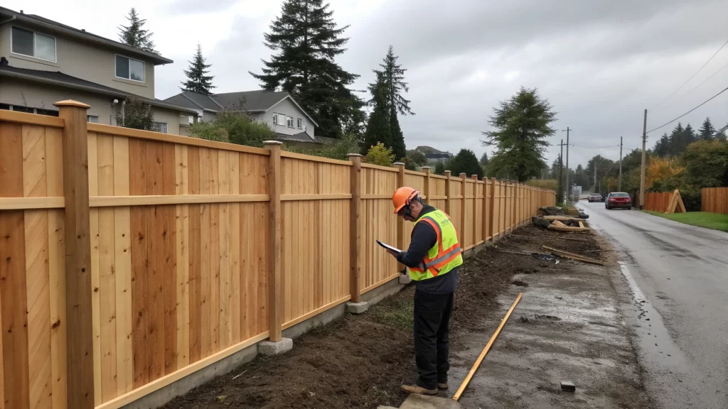 A construction inspector evaluating a horizontal fence installation to ensure it complies with horizontal fence height rules.