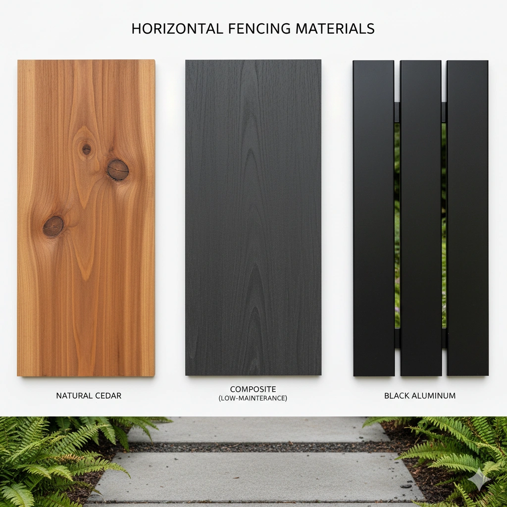 Various materials for horizontal fences, including cedar, composite, and black aluminum, in line with horizontal fence height rules.