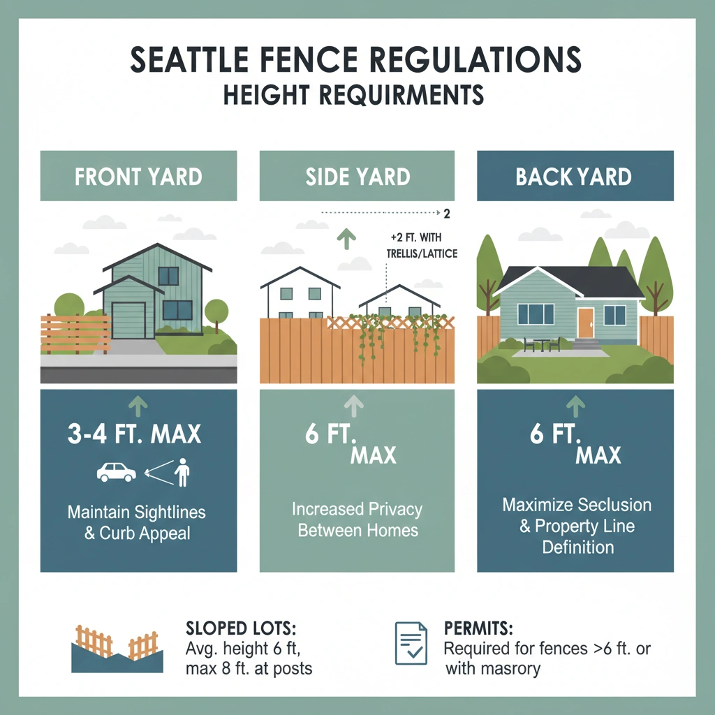 An infographic illustrating Seattle's fence height regulations for front, side, and backyard, with horizontal fence height rules.