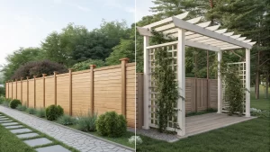 A split view comparing a modern horizontal wooden fence and a white pergola structure with climbing vines, showcasing versatile pergola walls.