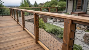 A close-up of a modern deck with a sleek wooden frame and hog wire deck railing, offering unobstructed views.