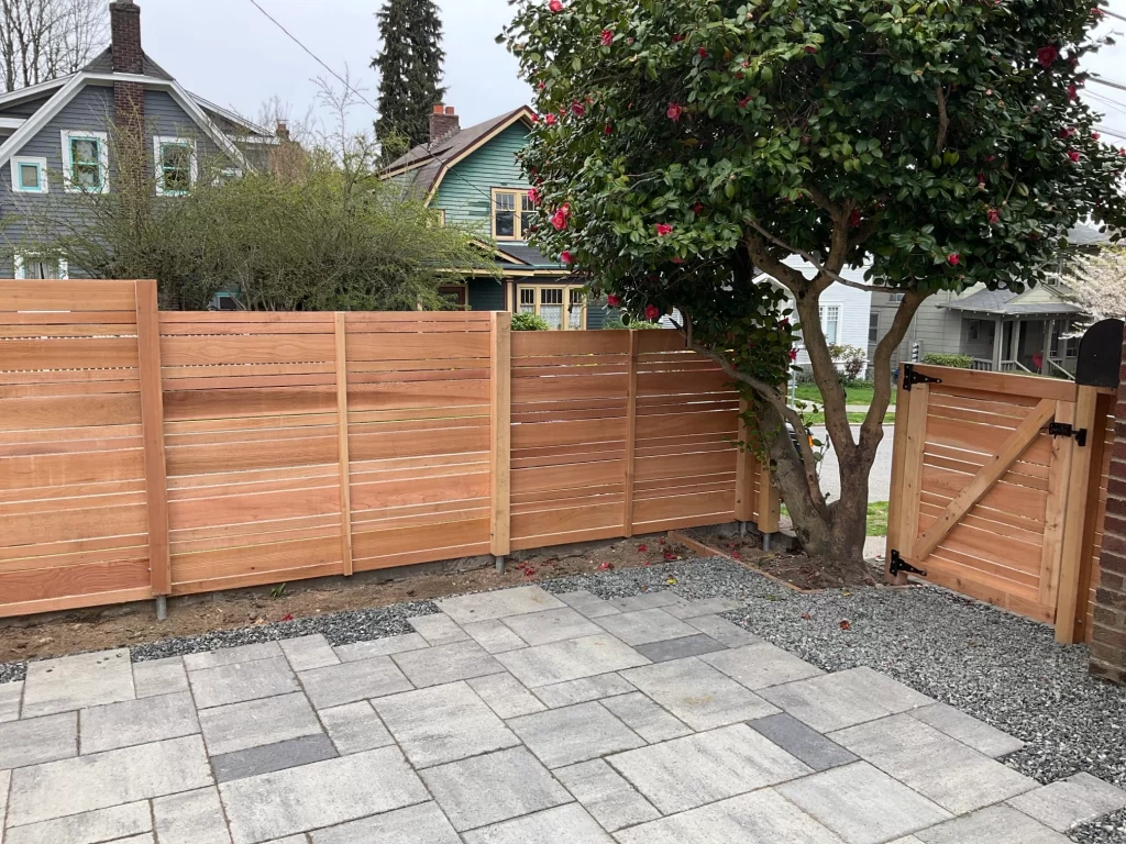 A new horizontal cedar fence and gate enclose a paver patio, offering more privacy than open-style pergola walls.