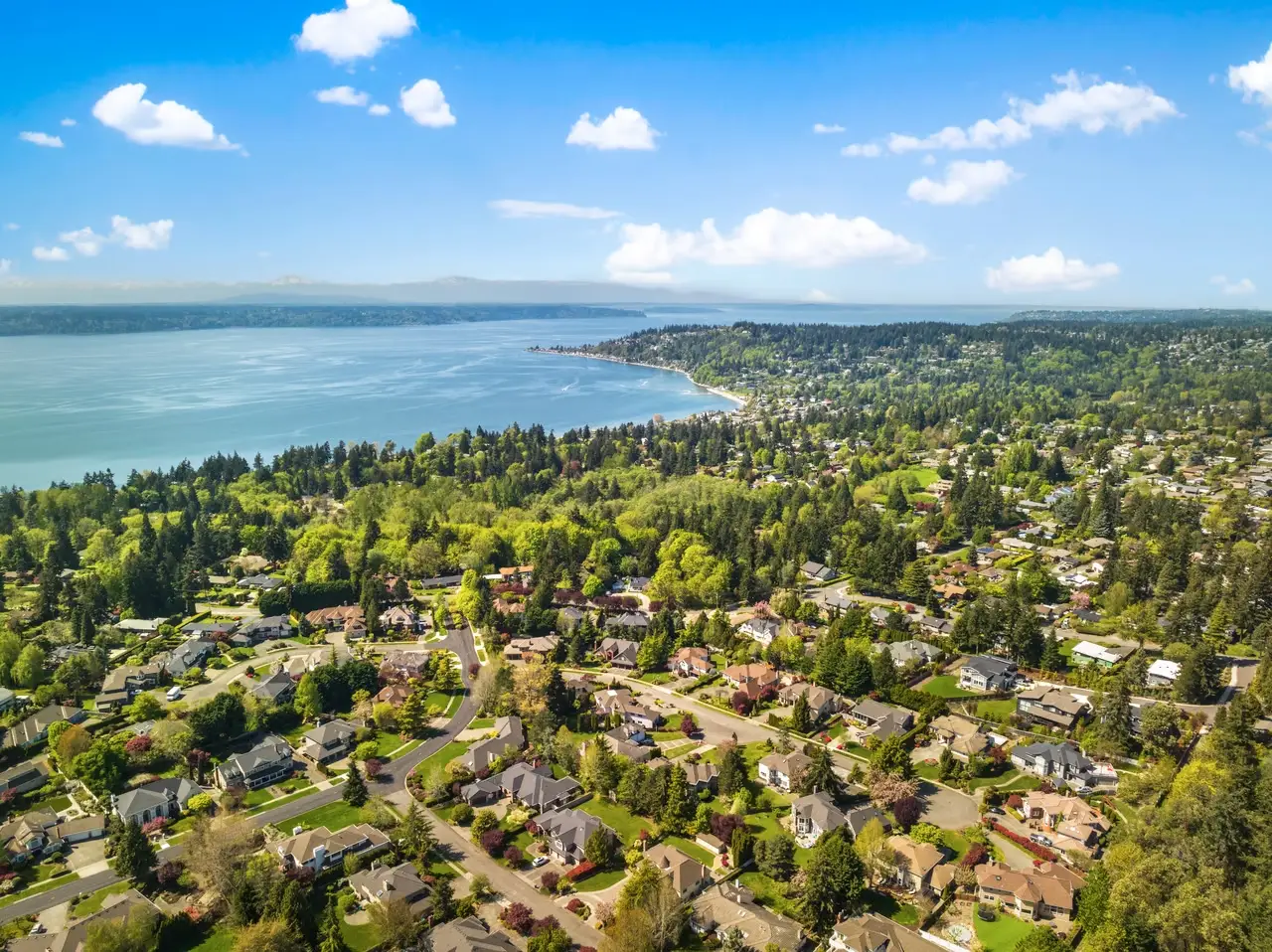 Aerial view of Normandy Park, WA, with homes, trees, and Puget Sound shoreline.