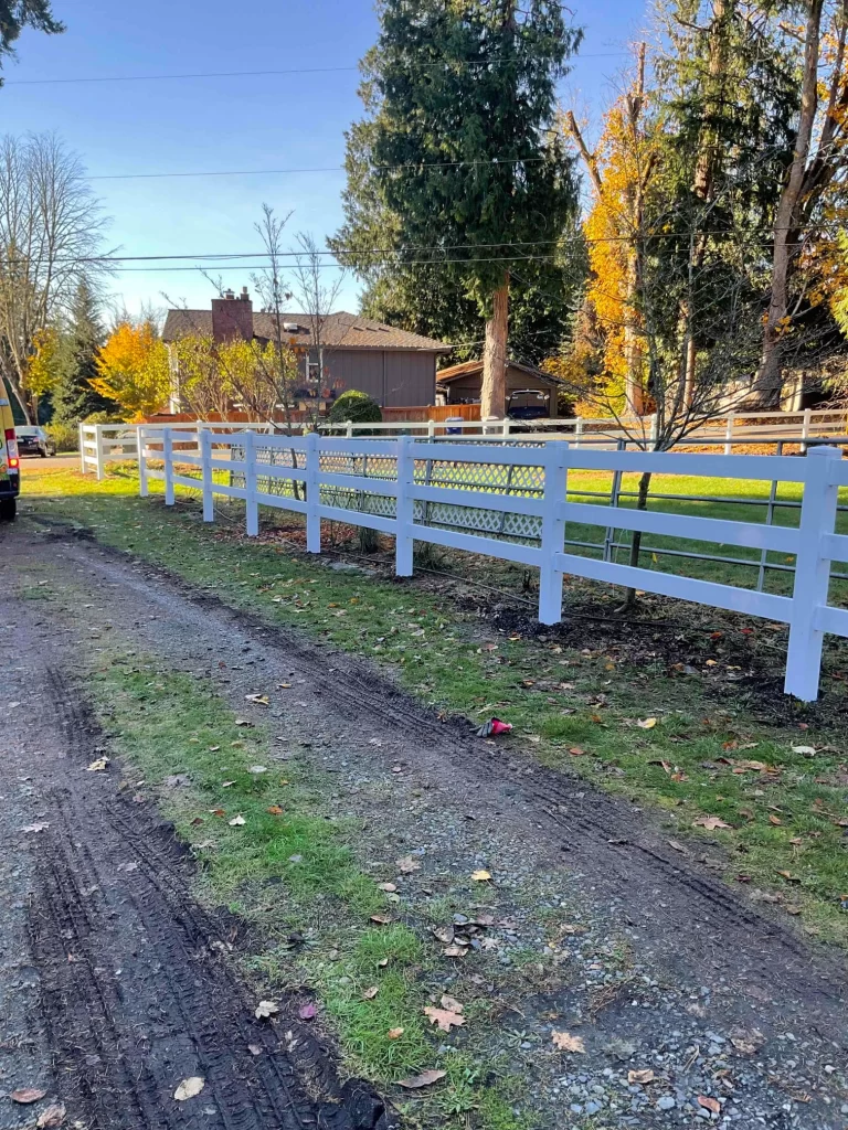 A white vinyl fence with a lattice design, surrounding a green lawn, highlighting the vinyl fence cost in Seattle.