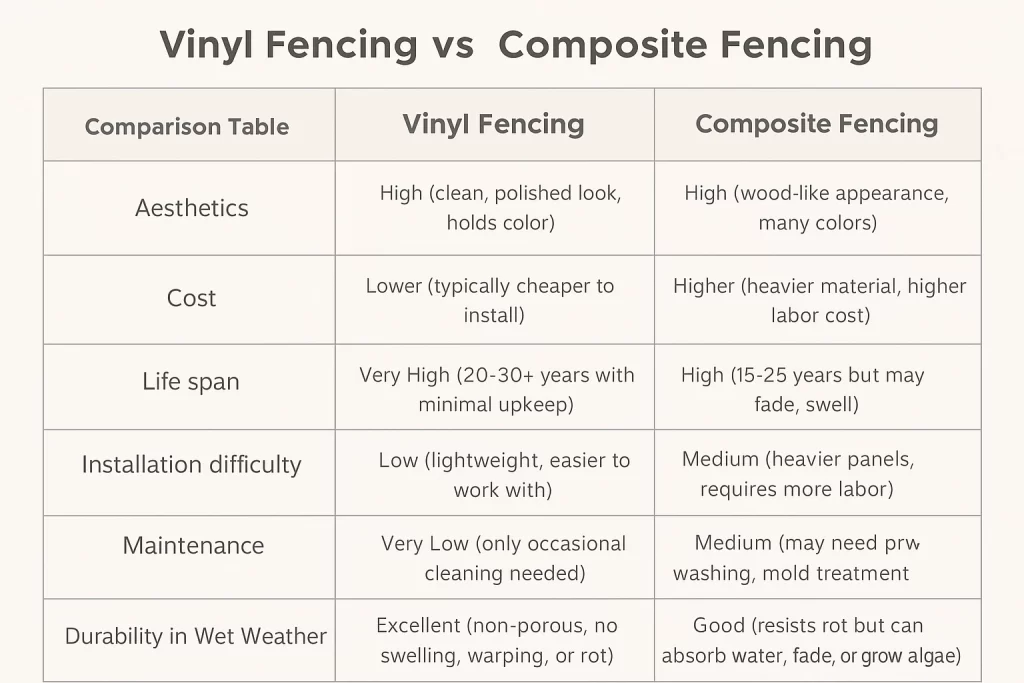 A detailed comparison table showcasing vinyl vs composite fence aesthetics, costs, lifespan, and more.