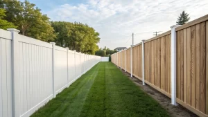 A side-by-side view of a vinyl and composite fence, showcasing their differences.