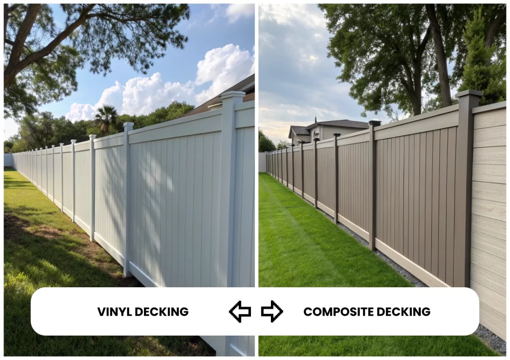 A side-by-side comparison of vinyl and composite fencing with different designs and colors.